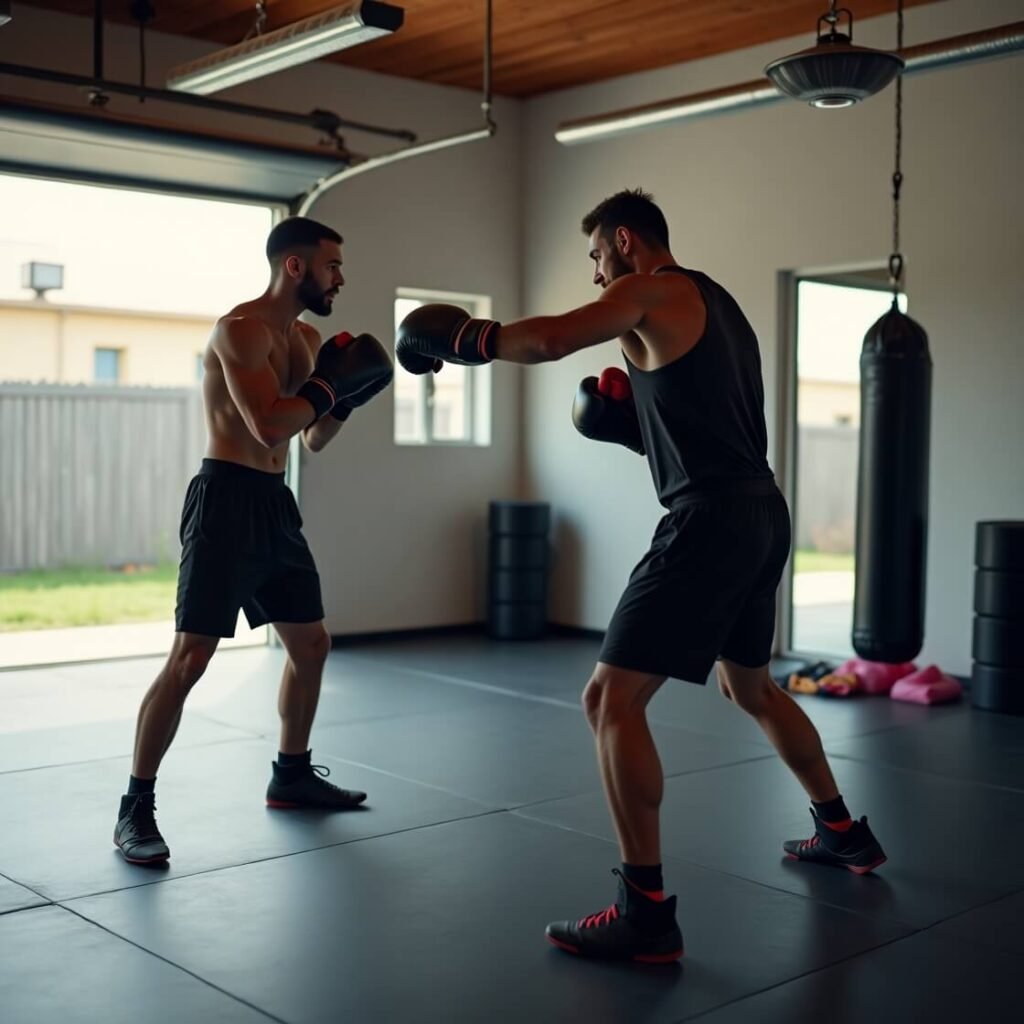 Two boxers shadowboxing in a home garage gym