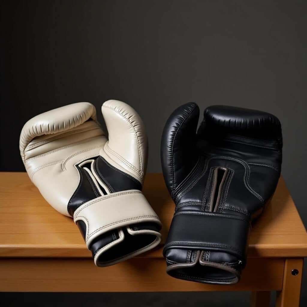 Black and White Velcro Boxing Gloves on a Bench