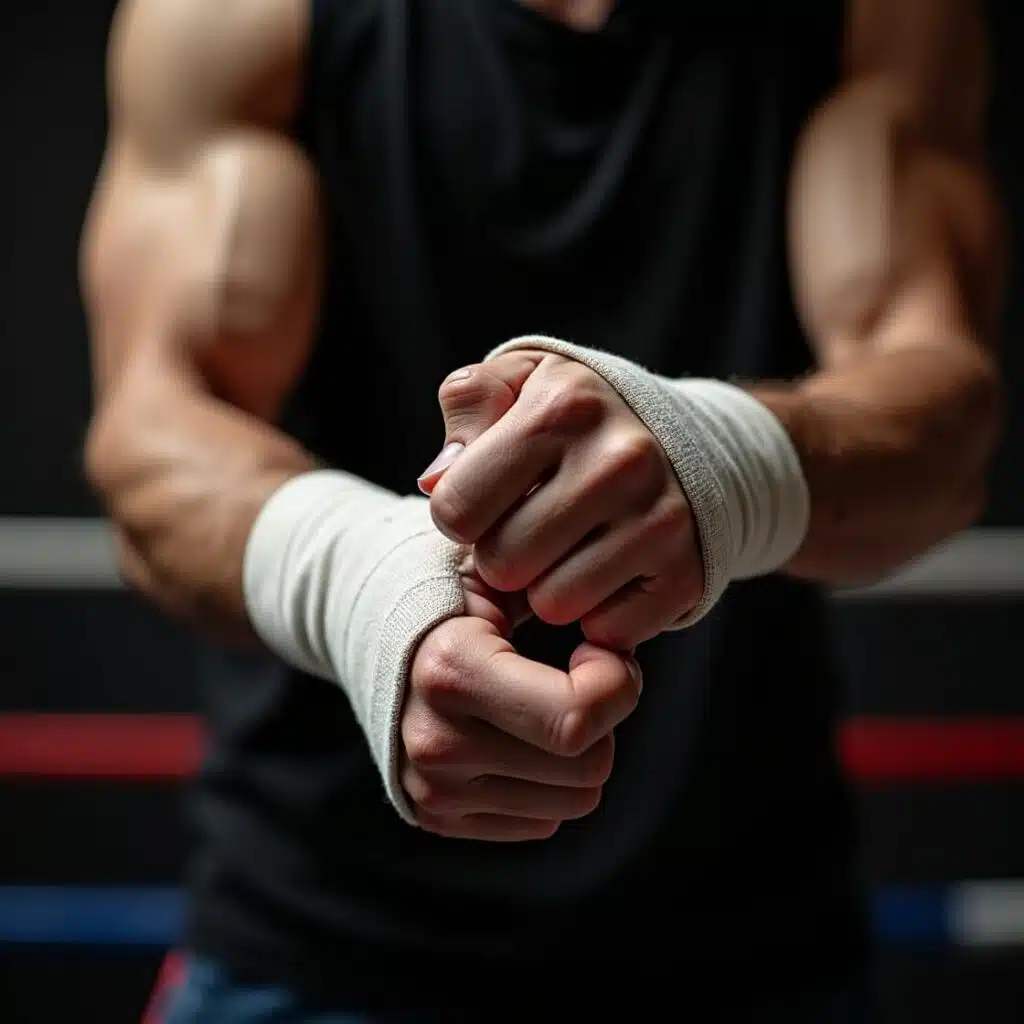 Boxer wrapping his hands with boxing wrap