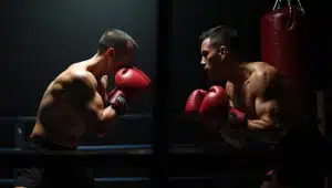 One boxer sparring and another boxer doing pad work