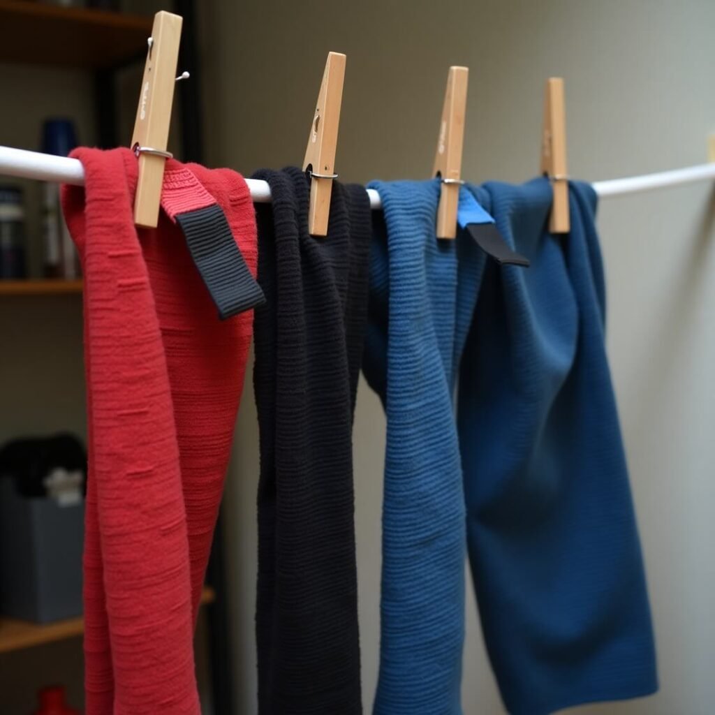 boxing hand wraps out to dry on a washing line