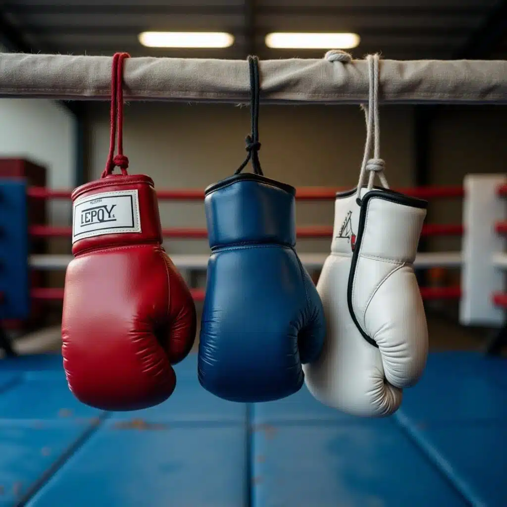 Training gloves left to dry on a boxing ring rope