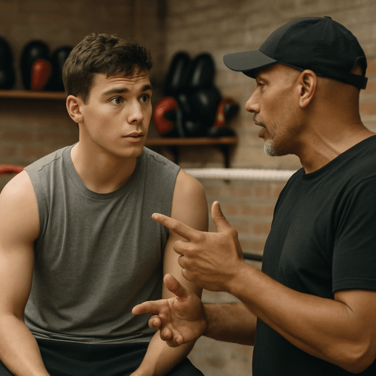Coach explains beginner terminology to a beginner boxer