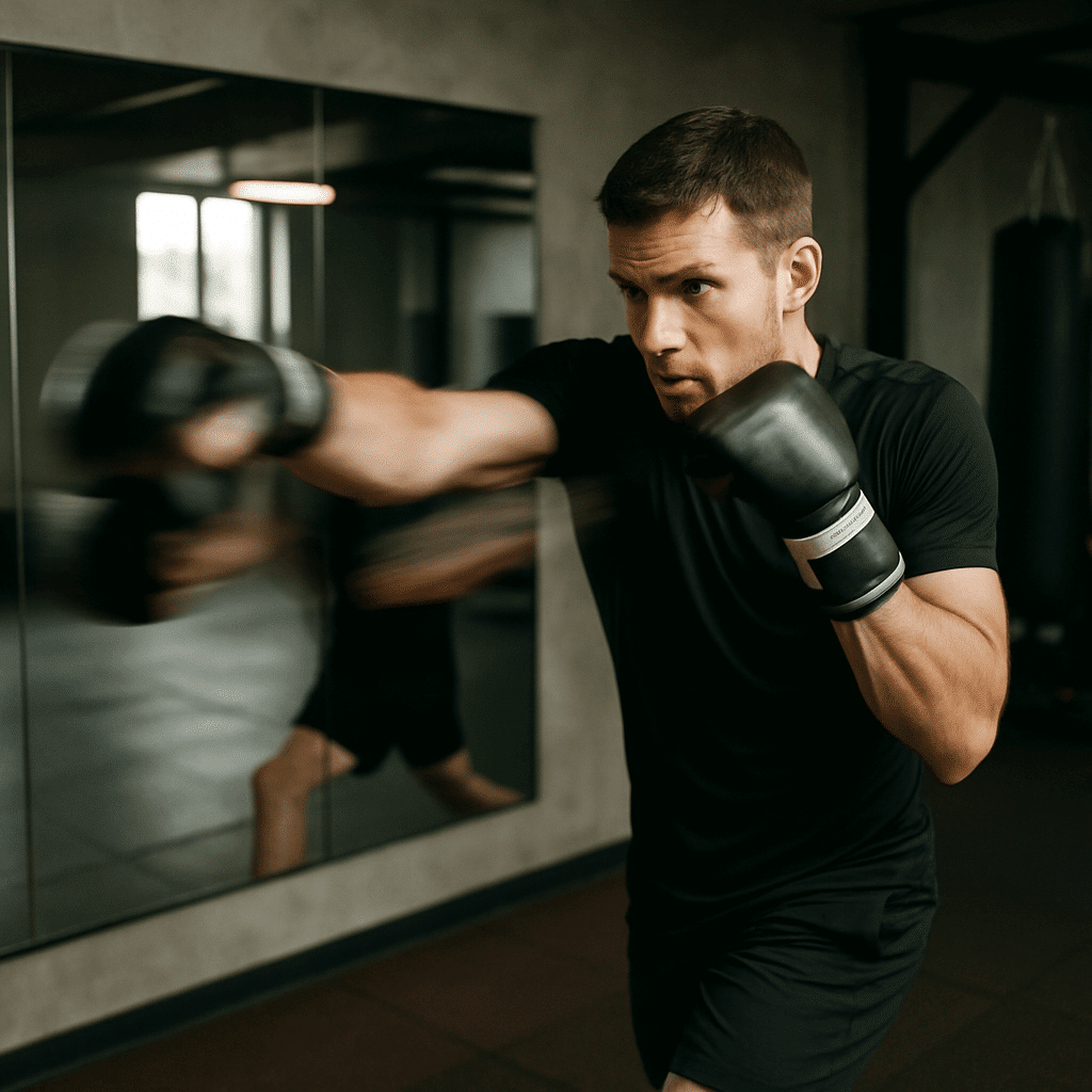 A beginner boxer practises the jab and cross
