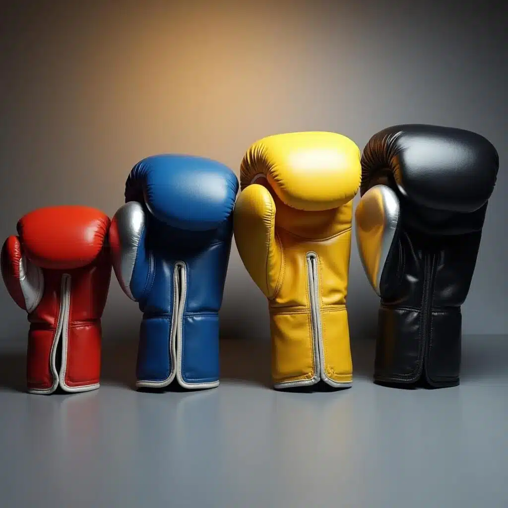 Line up of different boxing gloves from 10oz to 16oz