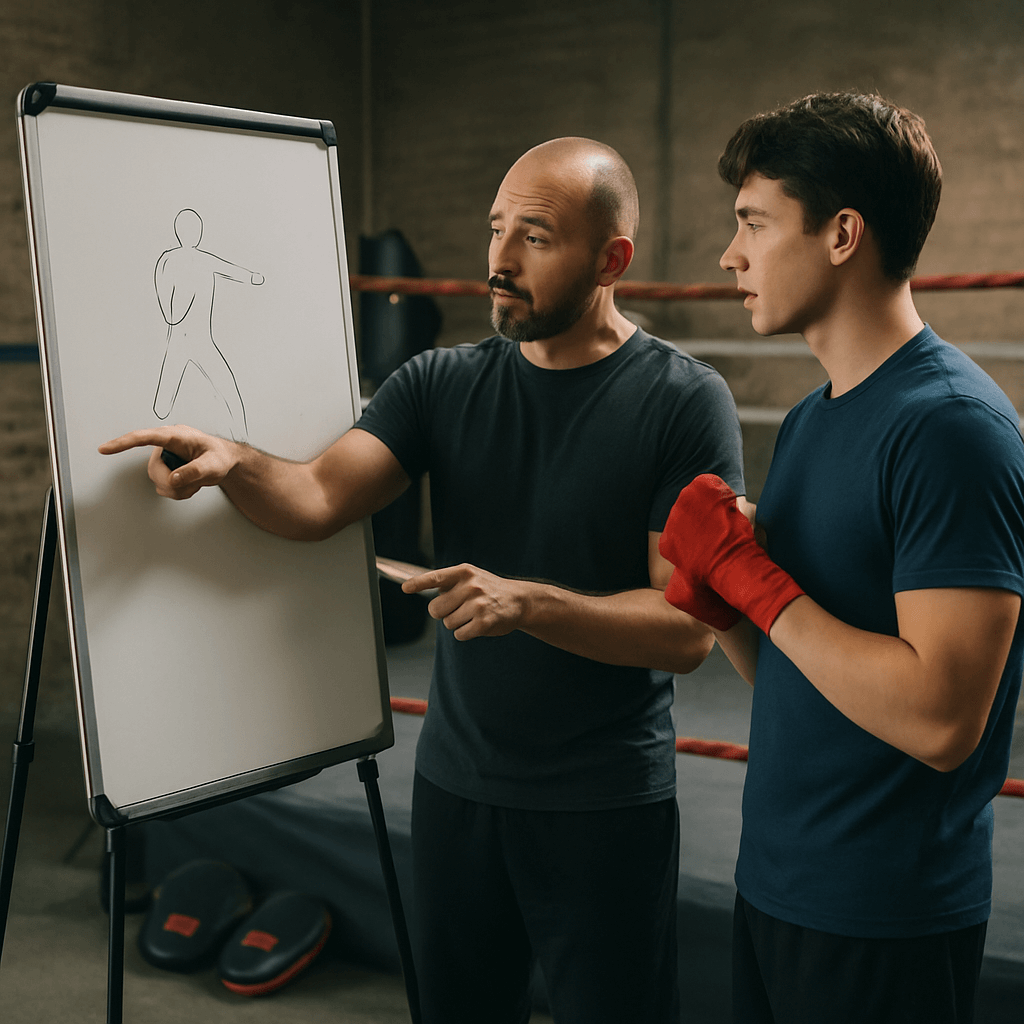 A coach explaining some boxing terminology to a beginner boxer
