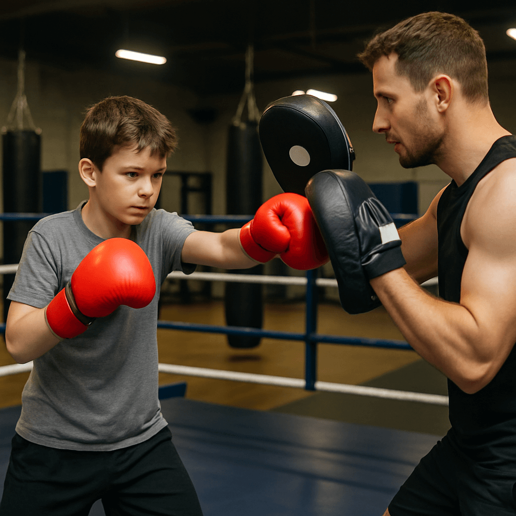A new beginner boxer practises combinations with coach on the pads