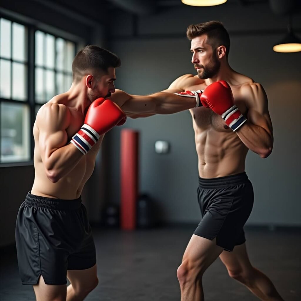 Boxer slowing an opponent buy throwing a good cross