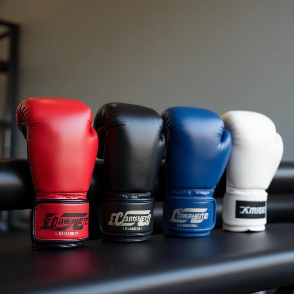Red, Black, Blue and White gloves on a bench