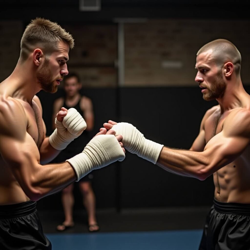two fighters touch sparring