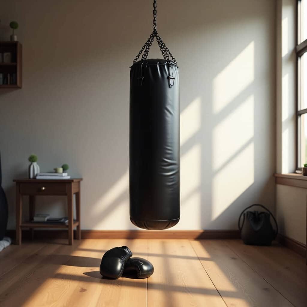 Beginning of a home gym with a functioning heavy bag
