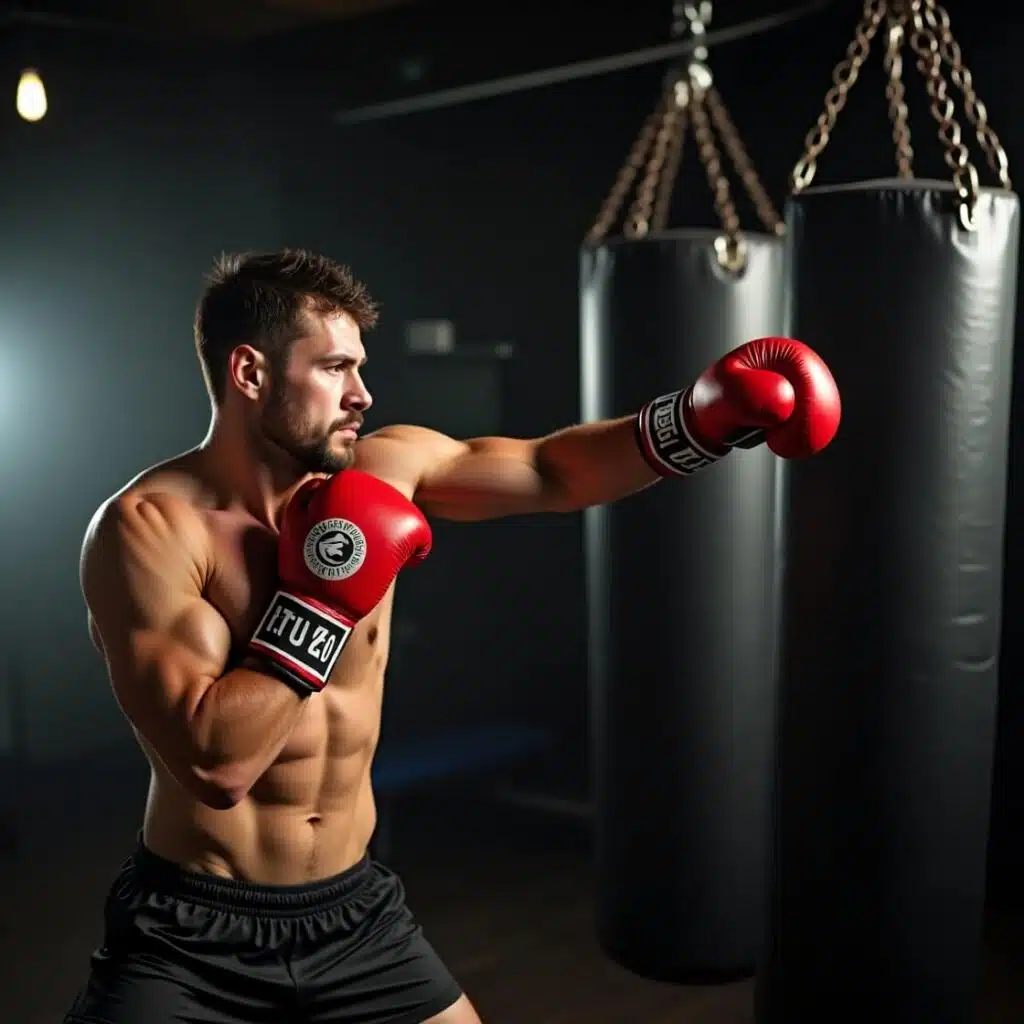Boxer In beginner gloves working on a heavy bag