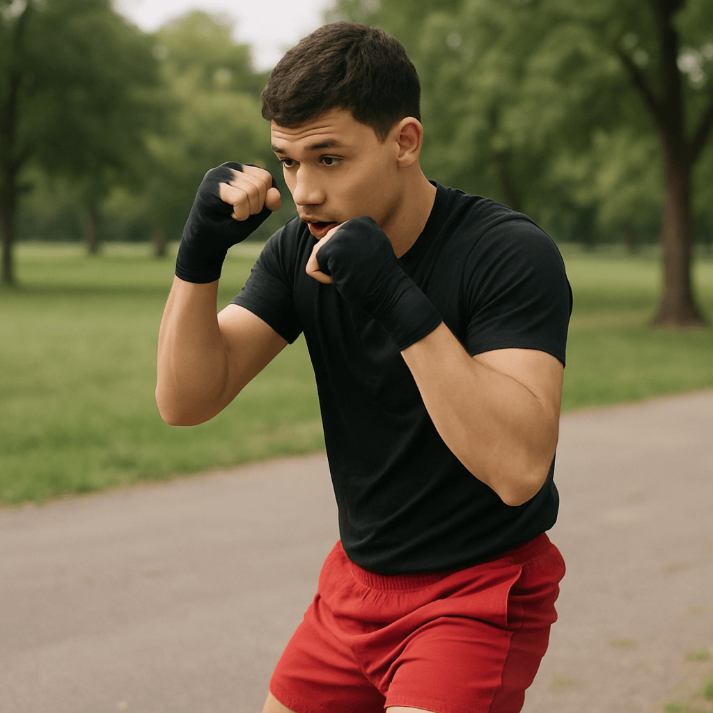 Beginner shadow boxing in a public park