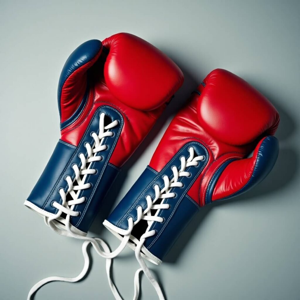Red and blue lace-up boxing gloves