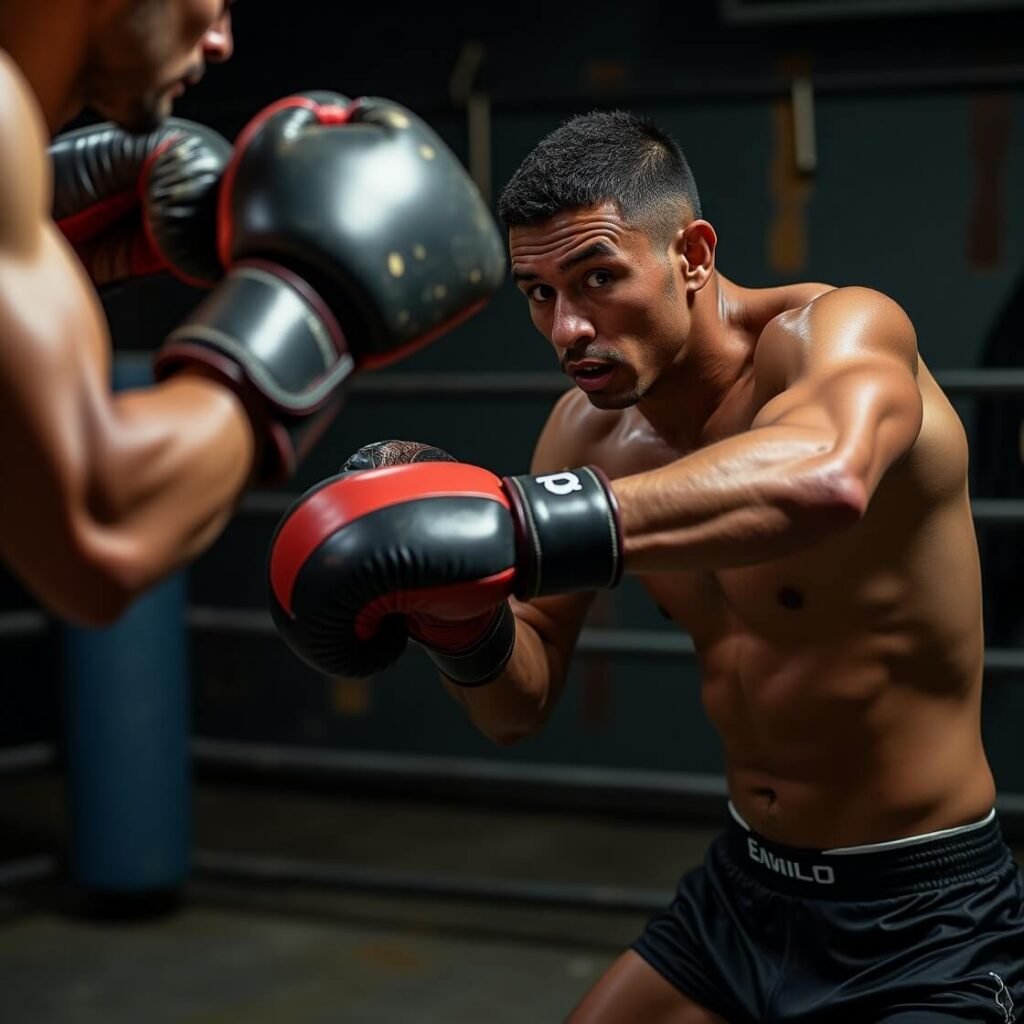 Sparring in a boxing ring