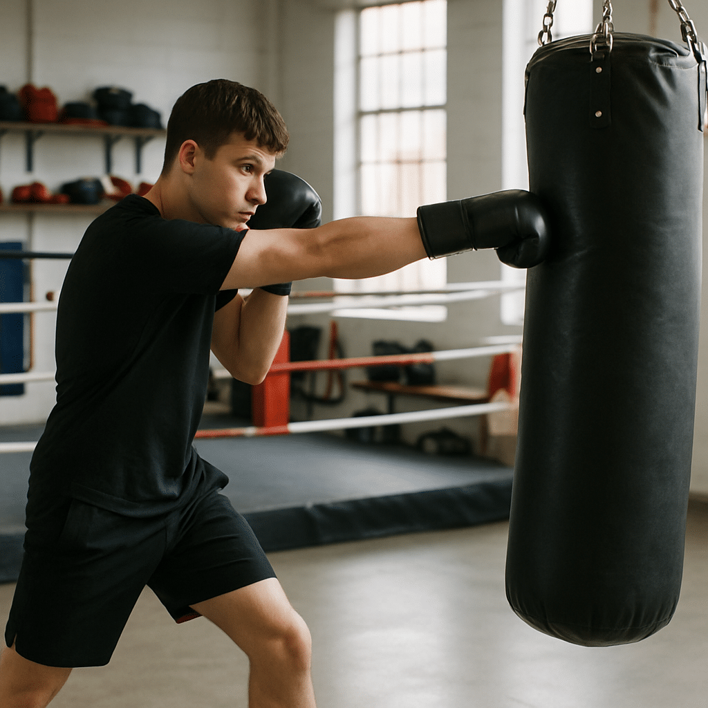 New beginner working a heavy bag with boxing gloves