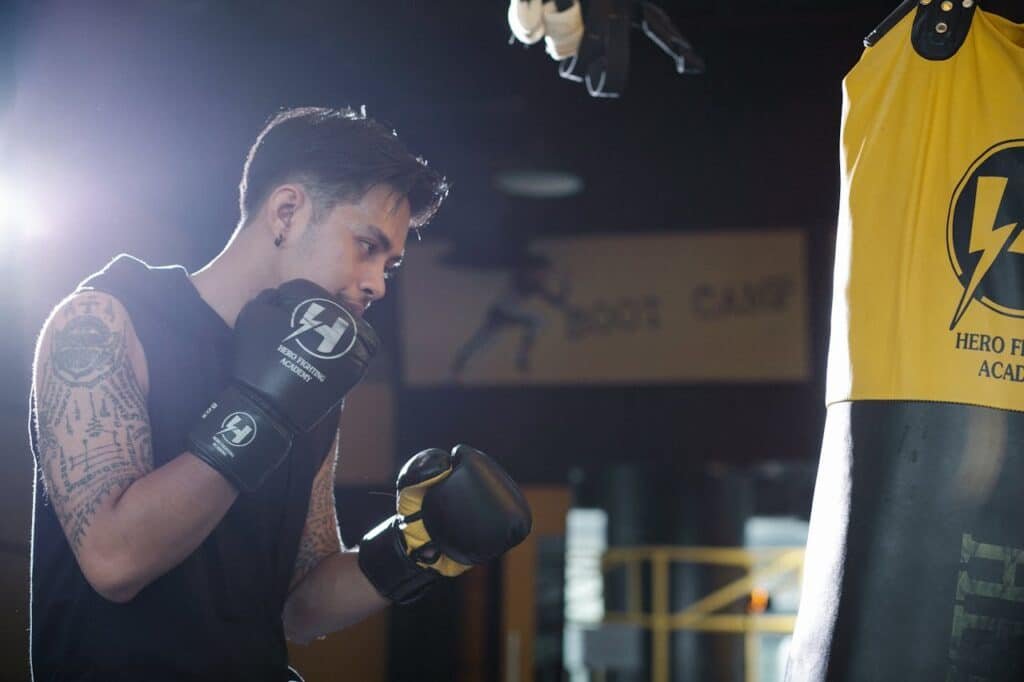 Boxer about to start his heavy bag workout