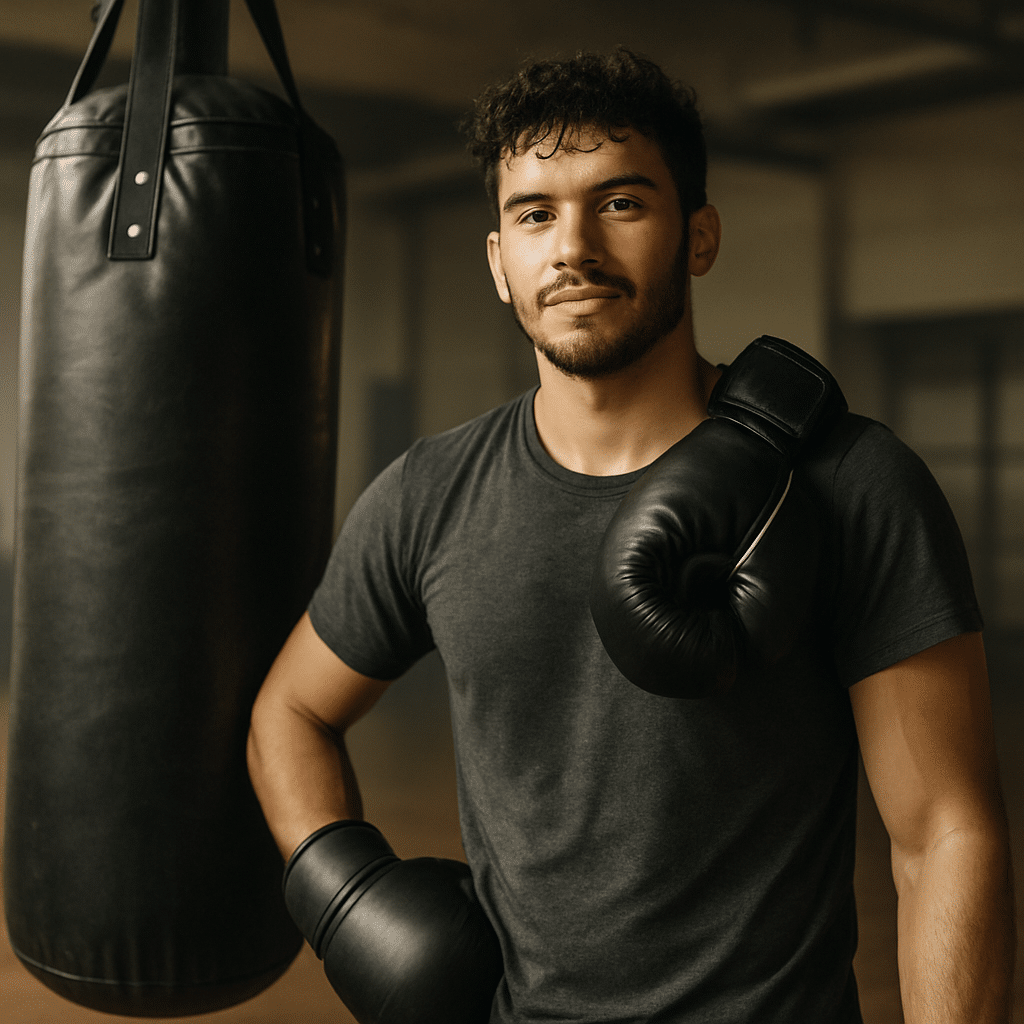 Proud boxer finishes his heavy bag workout