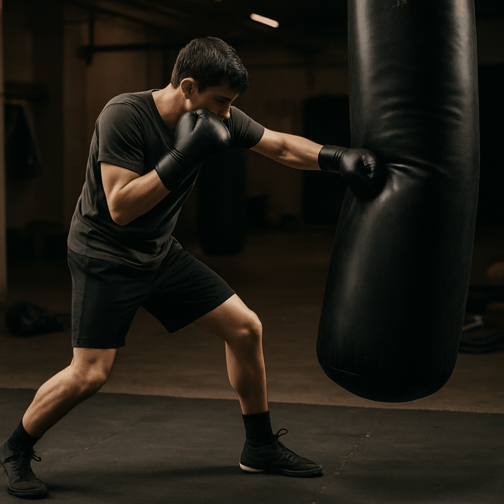 Beginner boxer practising hits to the body on the heavy bag
