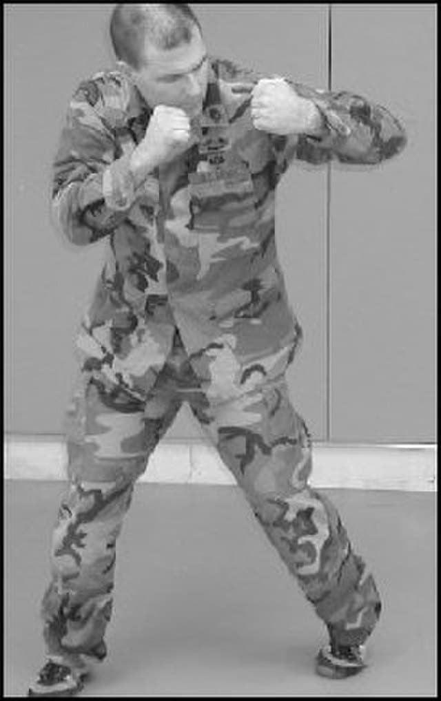 A military member demonstrates a boxing hook
