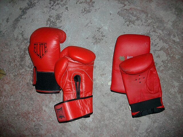 two pairs of boxing gloves laying on the floor