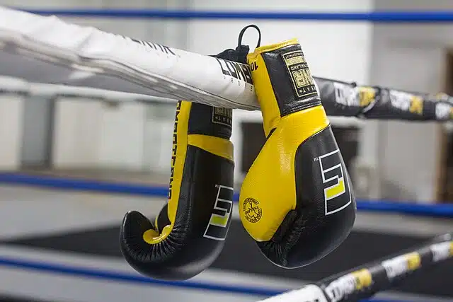 boxing gloves hanging out to dry on a boxing ring