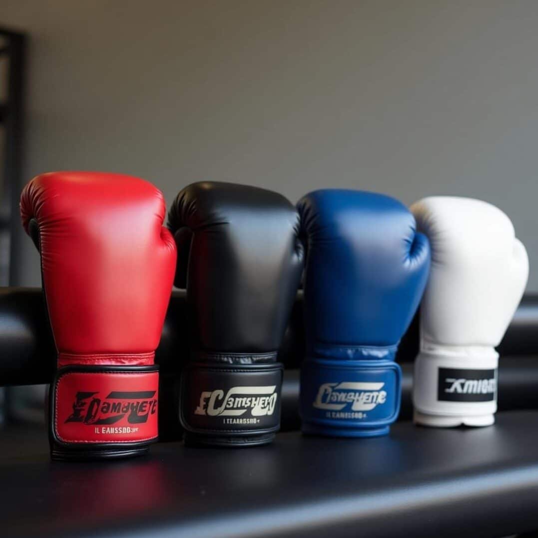 Red, Black, Blue and White gloves on a bench